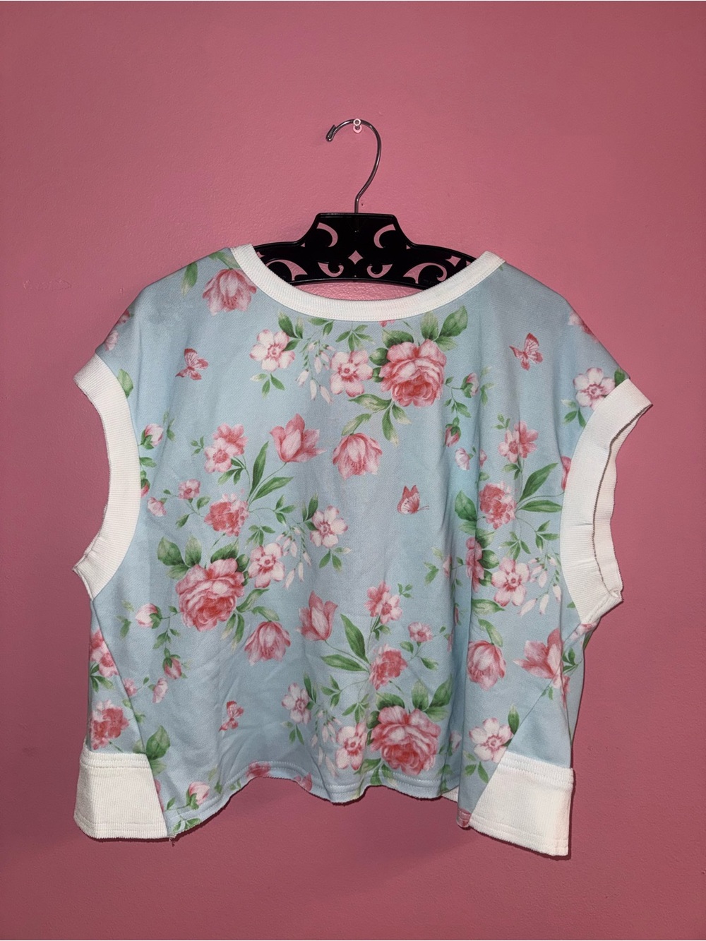 BiBi Light Blue Crop Top with Pink Floral Print